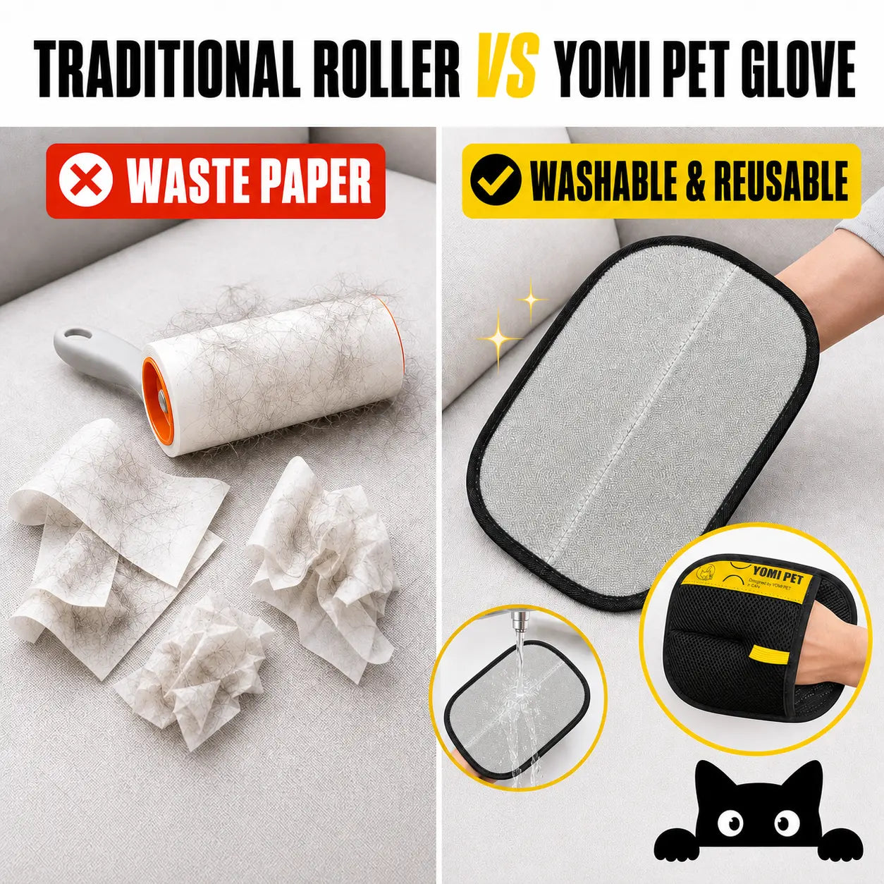 YOMI PET Reusable Electrostatic Pet Hair Remover Glove for Cats and Dogs - Ideal for Furniture, Couch, Carpet, and Clothing