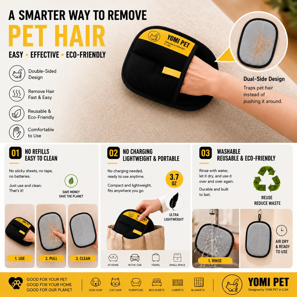 YOMI PET Reusable Electrostatic Pet Hair Remover Glove for Cats and Dogs - Ideal for Furniture, Couch, Carpet, and Clothing
