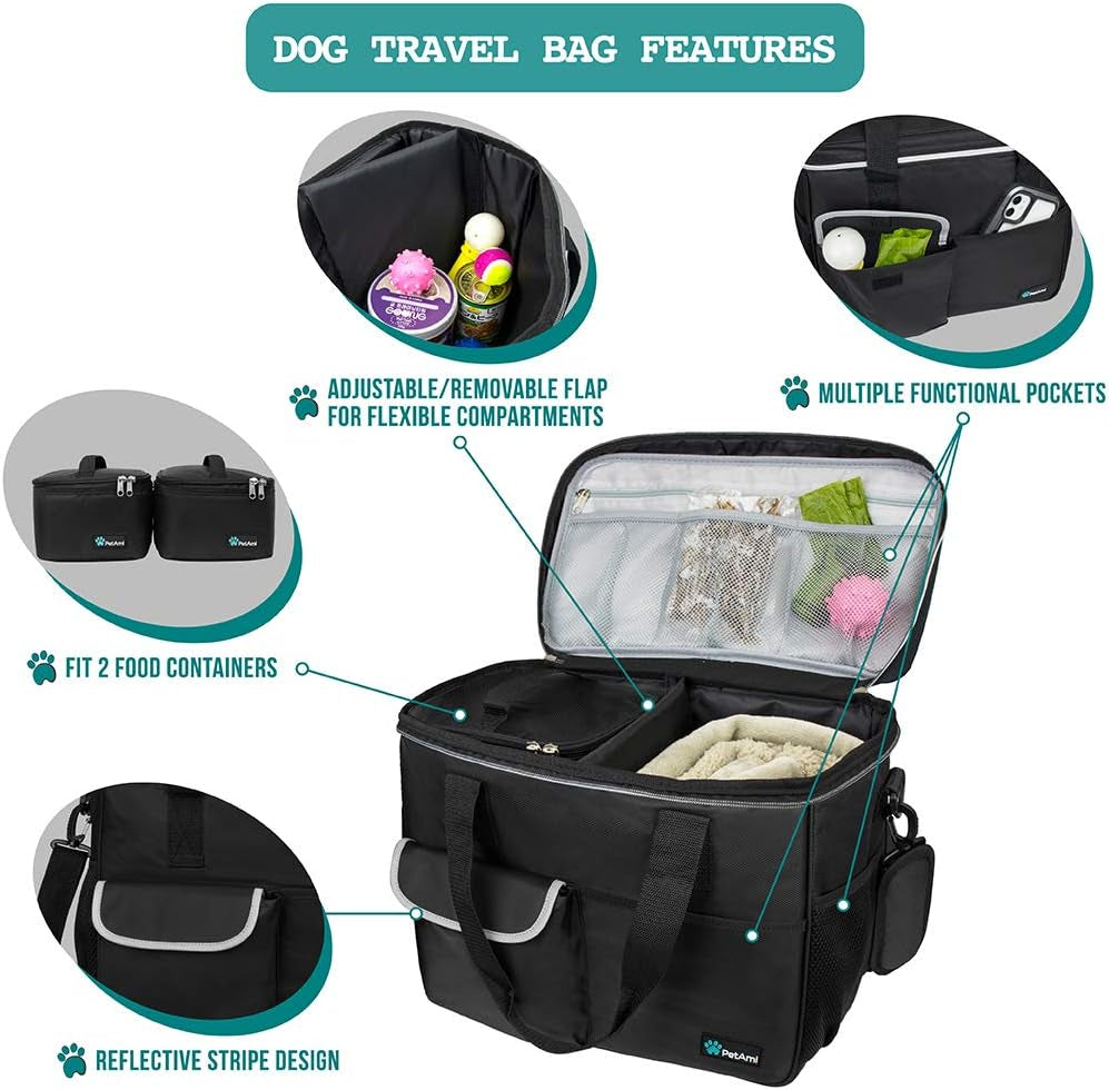 Dog Travel Bag Organizer, Pet Supplies Tote Diaper Bag, Black Medium